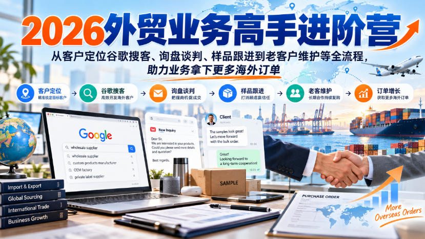 2026外贸业务高手进阶营，从客户定位谷歌搜客、询盘谈判、样品跟进到老客户维护等全流程，助力业务拿下更多海外订单-吾爱云课堂