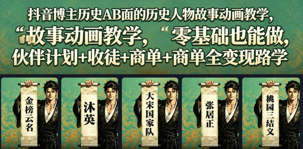抖音博主历史AB面的历史人物故事动画教学，零基础也能做，伙伴计划+收徒+商单全变现路径教学-吾爱云课堂
