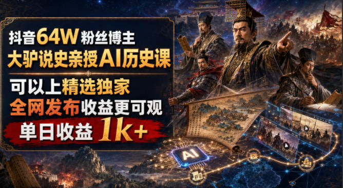 抖音64W粉丝博主大驴说史亲授AI历史课，可以上精选独家，全网发布收益更可观，单日收益1k+(更新)-吾爱云课堂