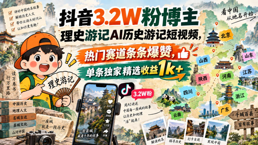 抖音3.2W粉博主理史游记AI历史游记短视频教学，热门赛道条条爆赞，单条独家精选收益1k+-吾爱云课堂