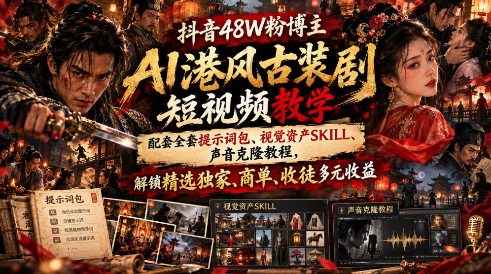 抖音48W粉博主AI港风古装剧短视频教学，配套全套提示词包、视觉资产SKILL、声音克隆教程，解锁精选独家、商单、收徒多元收益-吾爱云课堂