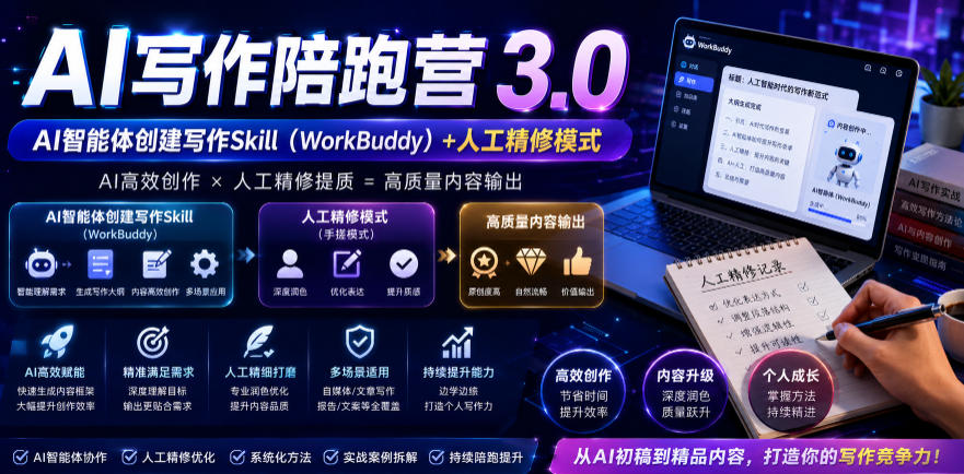 AI写作陪跑营3.0，Ai智能体创建写作skill(workbuddy)+人工手写模式(手搓模式)，去除AI痕迹(头条号、公众号、百家号)(更新0806)-吾爱云课堂