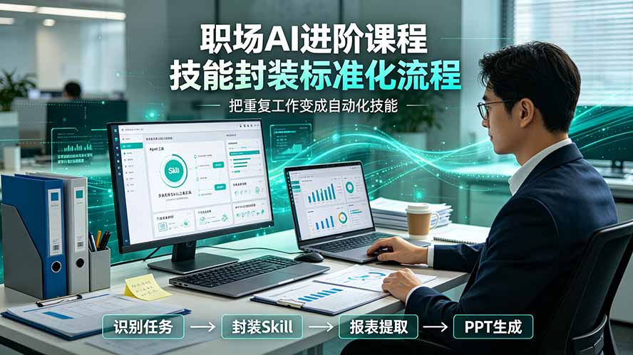 职场AI进阶课程；多类实用Skill工具实操，专属技能封装标准化流程，报表行业报告一键提取核心内容-吾爱云课堂