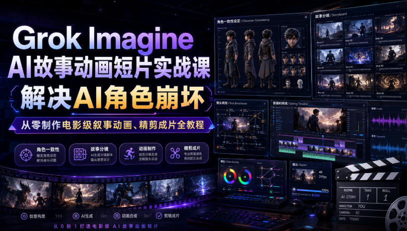 Grok Imagine AI故事动画短片实战课｜解决AI角色崩坏，从零制作电影级叙事动画、精剪成片全教程(中英字幕)-吾爱云课堂