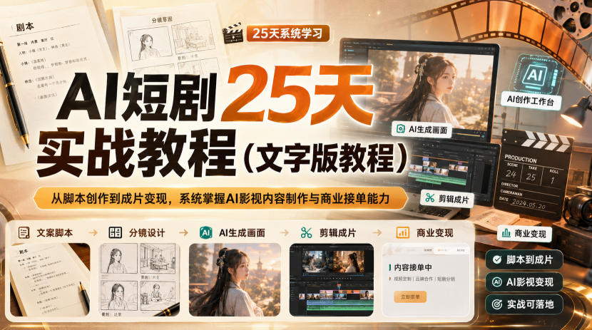 AI短剧25天实战教程(文字版教程)，从脚本创作到成片变现，系统掌握AI影视内容制作与商业接单能力-吾爱云课堂