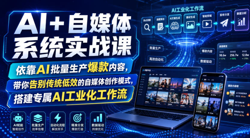 AI+自媒体系统实战课，依靠AI批量生产爆款内容，带你告别传统低效的自媒体创作模式，搭建专属AI工业化工作流-吾爱云课堂