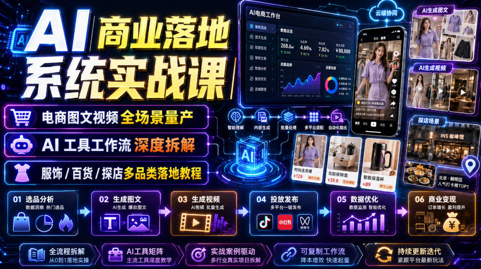 AI商业落地系统实战课｜电商图文视频全场景量产・AI工具工作流深度拆解・服饰/百货/探店多品类落地教程-吾爱云课堂