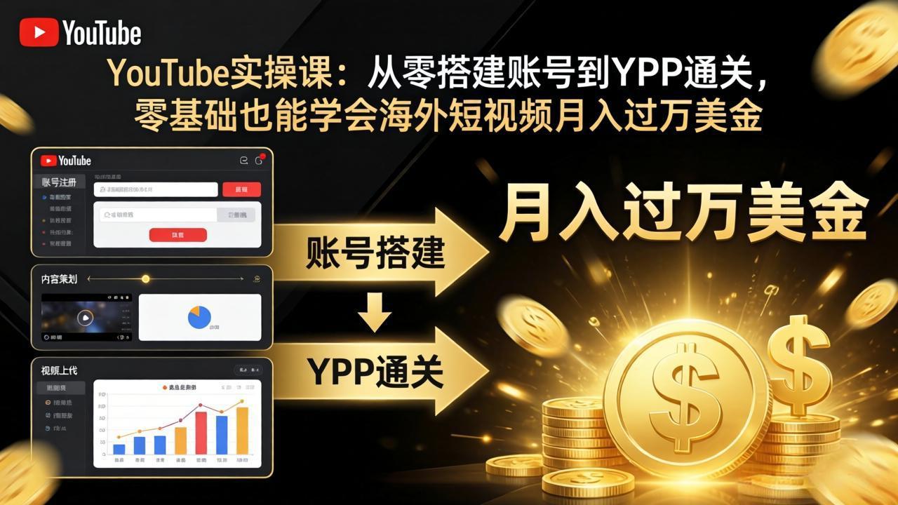 YouTube实操课：从零搭建账号到YPP通关，零基础也能学会海外短视频月入过万美金-吾爱云课堂