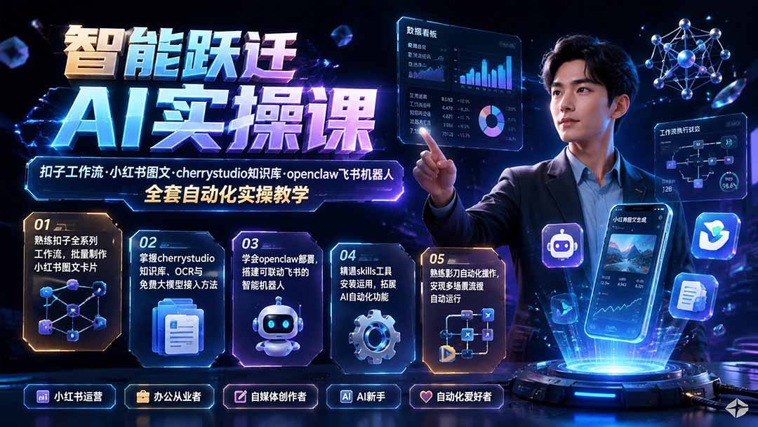 智能跃迁 AI实操课｜扣子工作流小红书图文搭建，cherrystudio知识库openclaw飞书机器人全套自动化实操教学-吾爱云课堂