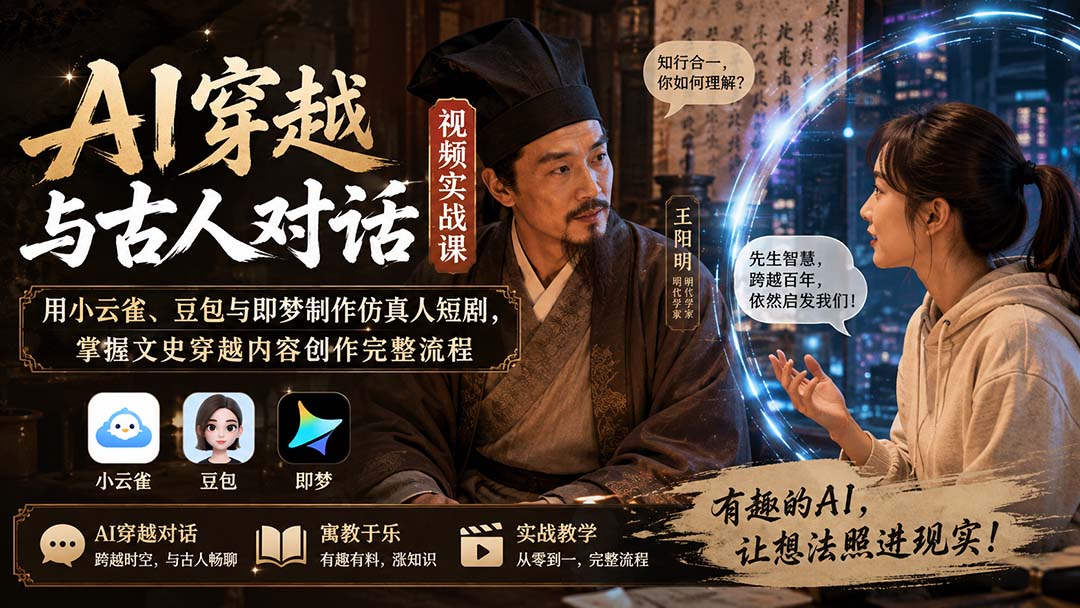 AI穿越与古人对话视频实战课：用小云雀、豆包与即梦制作仿真人短剧，掌握文史穿越内容创作完整流程-吾爱云课堂