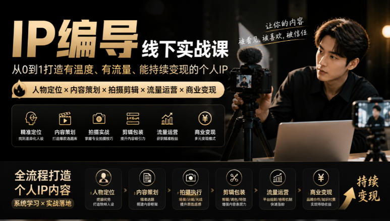 【无水印】IP编导线下实战课，从人物定位到短视频拍摄剪辑，全流程打造有温度、有流量、能持续变现的个人IP内容-吾爱云课堂