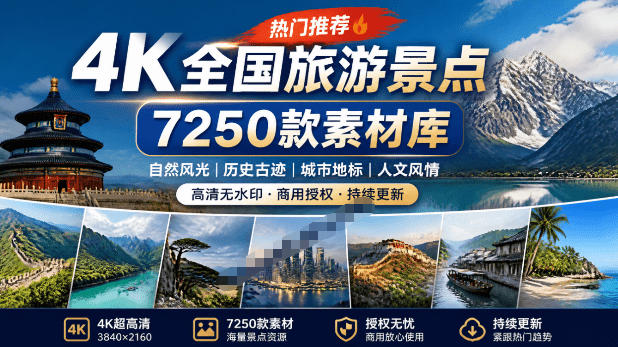 热门全国旅游风景素材！4K全国旅游景点素材库，7250款素材，旅行达人城市航拍风景风光高清短视频-吾爱云课堂