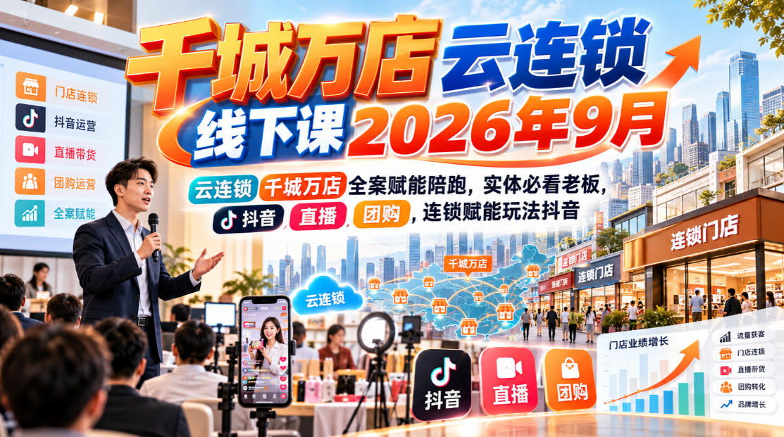 千城万店云连锁线下课2026年9月，云连锁千城万店全案赋能陪跑，实体必看老板，抖音，直播，团购，连锁赋能玩法抖音-吾爱云课堂