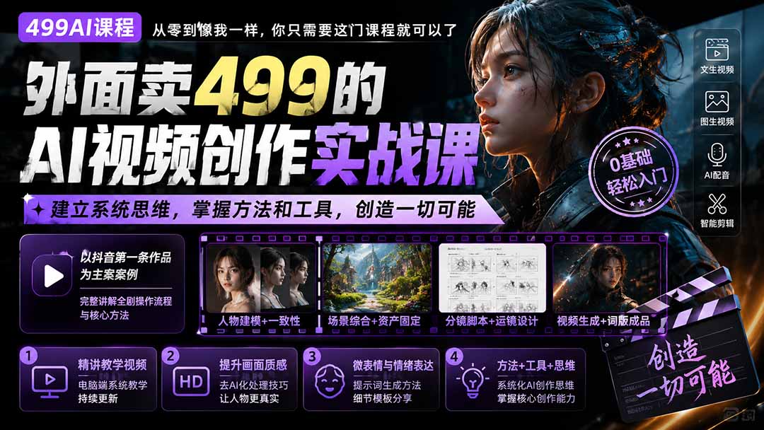 外面卖499的AI视频创作实战课：建立系统思维，掌握方法和工具，创造一切可能。-吾爱云课堂