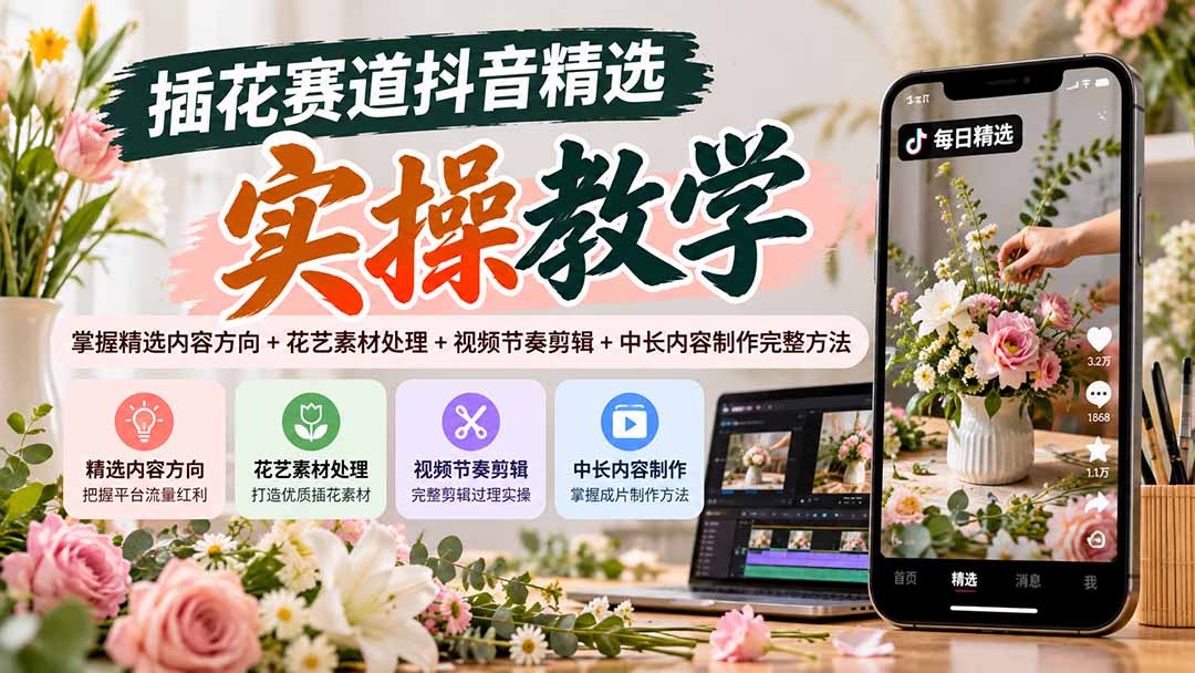 插花赛道抖音精选实操教学：掌握精选内容方向+花艺素材处理+视频节奏剪辑+中长内容制作完整方法-吾爱云课堂
