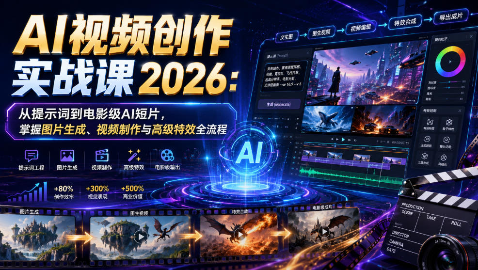 AI视频创作实战课2026：从提示词到电影级AI短片，掌握图片生成、视频制作与高级特效全流程-吾爱云课堂