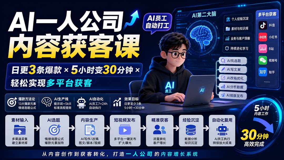 AI一人公司内容获客课-更新8月：日更3条爆款×5小时变30分钟×AI员工自动打工，轻松实现多平台获客-吾爱云课堂