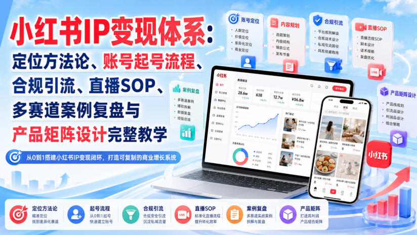 小红书IP变现体系：定位方法论、账号起号流程、合规引流、直播SOP、多赛道案例复盘与产品矩阵设计完整教学-吾爱云课堂