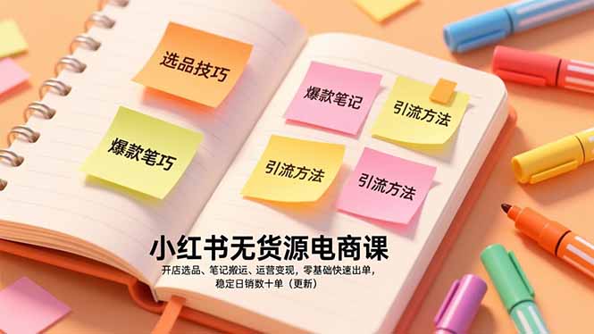 小红书无货源电商课，开店选品、笔记搬运、运营变现，零基础快速出单，稳定日销数十单(更新-吾爱云课堂