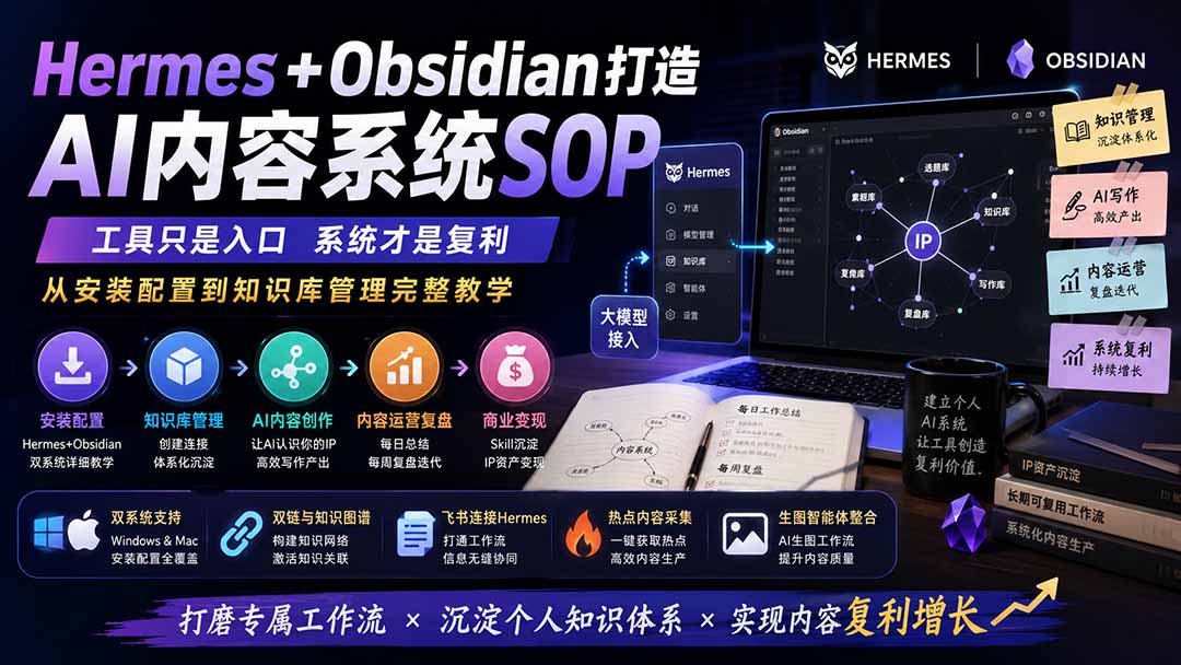 Hermes+Obsidian打造AI内容系统SOP；工具只是入口系统才是复利，从安装配置到知识库管理完整教学-吾爱云课堂