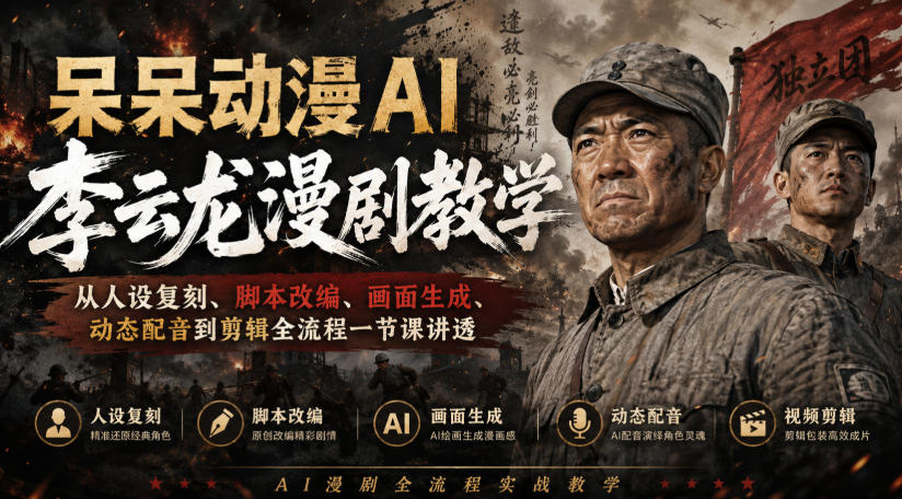 呆呆动漫AI李云龙漫剧教学，从人设复刻、脚本改编、画面生成、动态配音到剪辑全流程一节课讲透-吾爱云课堂