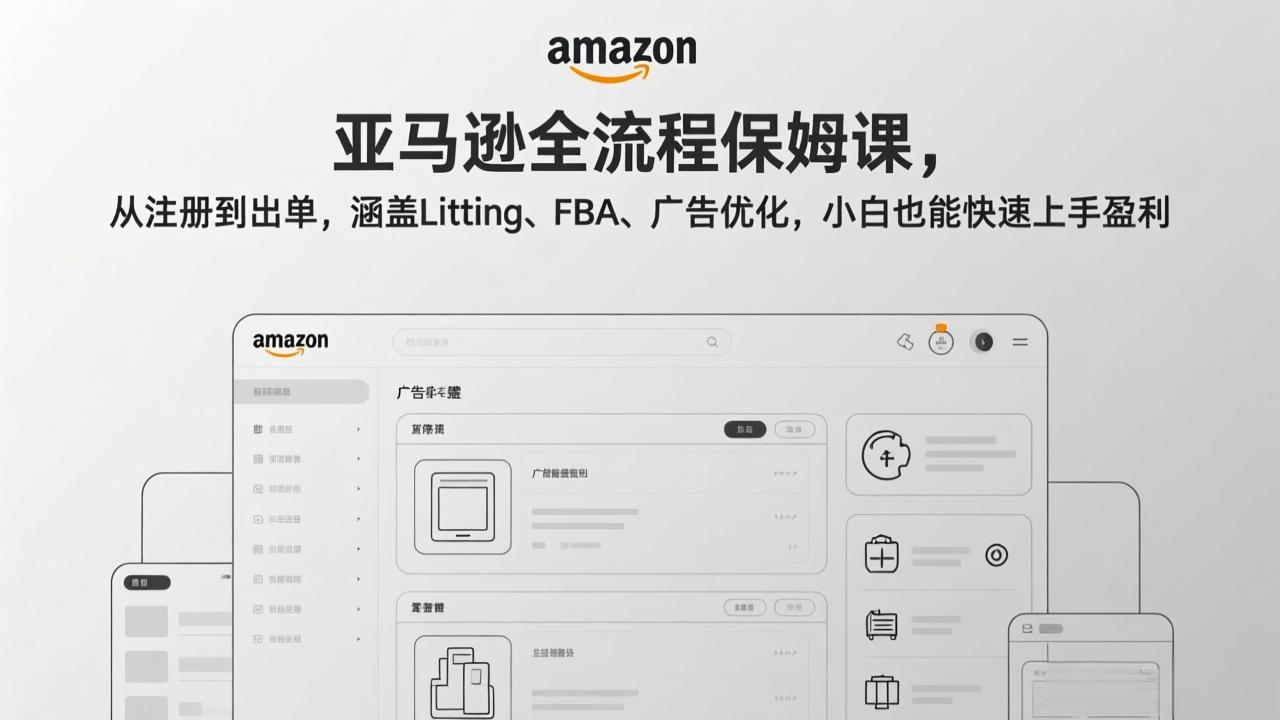 亚马逊全流程保姆课，从注册到出单，涵盖Listing、FBA、广告优化，小白也能快速上手盈利-吾爱云课堂
