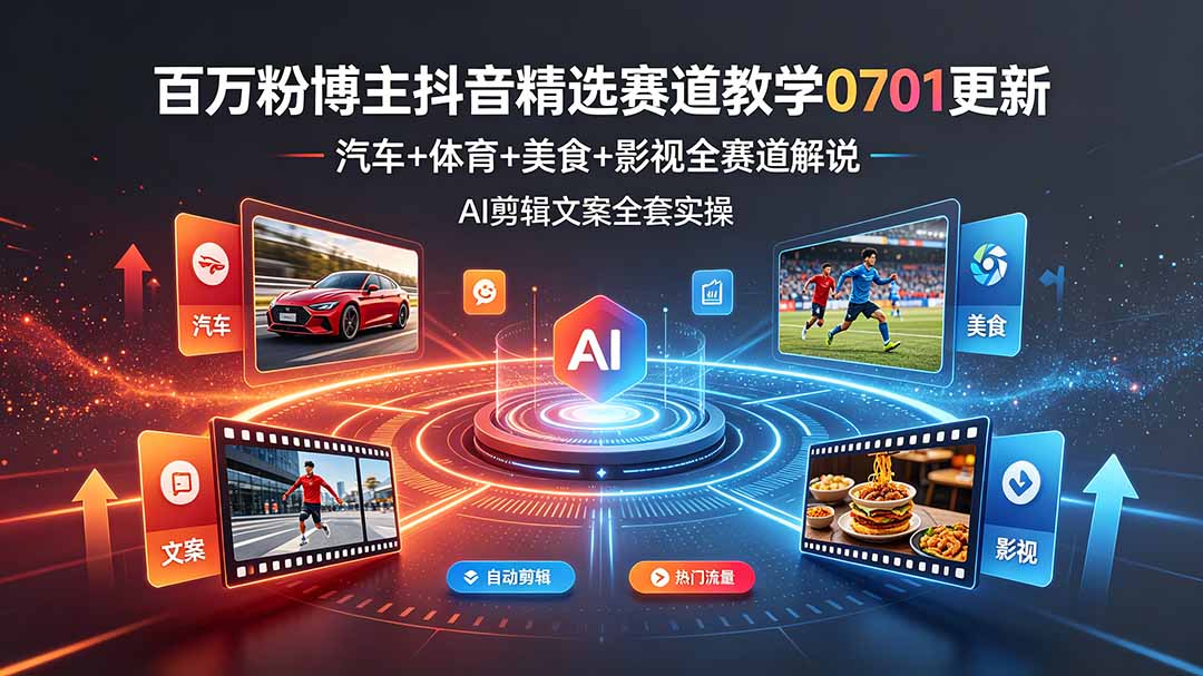 百万粉博主抖音精选赛道教学-0701更新，汽车+体育+美食+影视全赛道解说，AI剪辑文案全套实操-吾爱云课堂