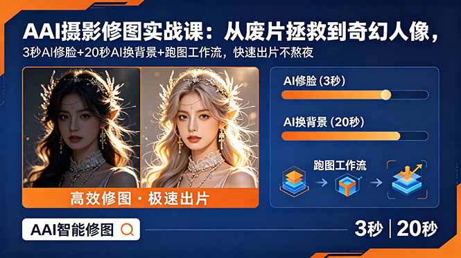 AI摄影修图实战课：从废片拯救 到 奇幻人像，3秒AI修脸+20秒AI换背景+跑图工作流，快速出片不熬夜-吾爱云课堂