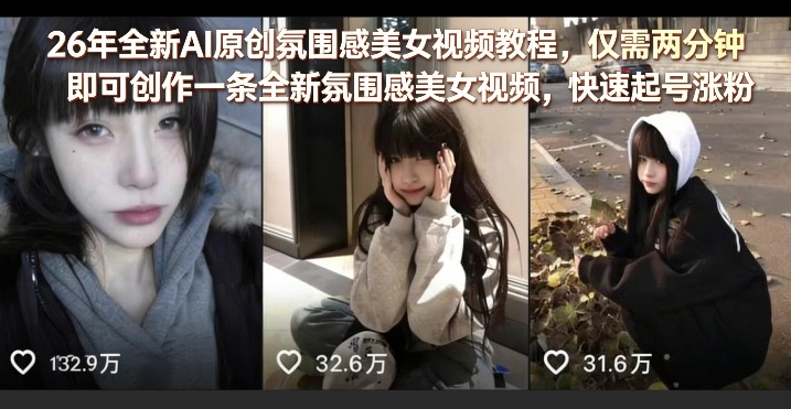 26年全新AI原创氛围感美女视频教程，仅需两分钟即可创作一条全新氛围感美女视频，快速起号涨粉-吾爱云课堂