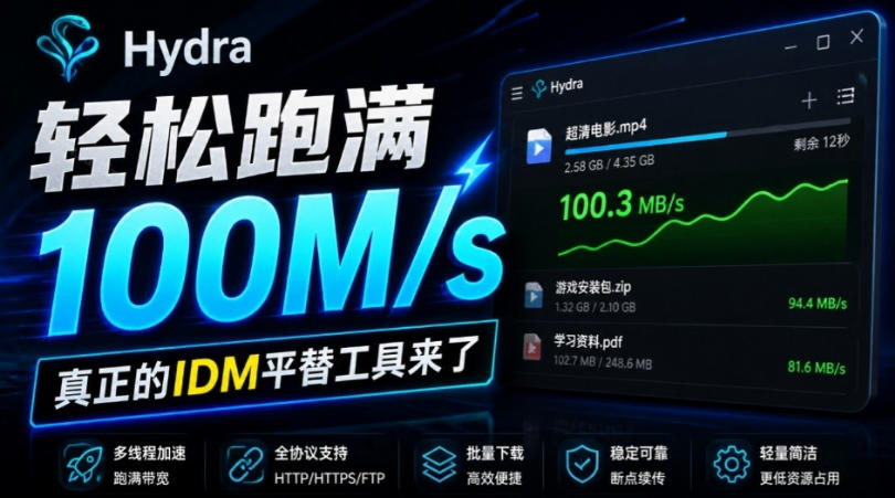 轻松跑满100M/s,真正的IDM平替工具来了,开源多线程器,支持浏览器拓展,一键智能加速Hydra Download Manager-吾爱云课堂