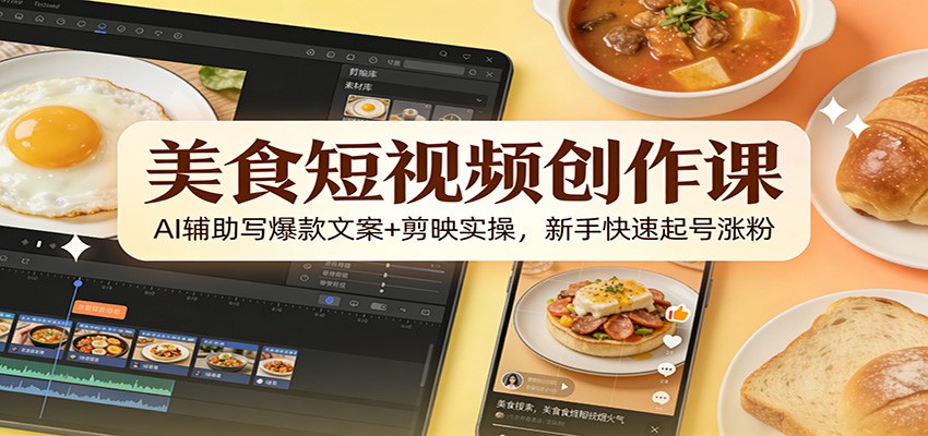 美食短视频创作课：AI辅助写爆款文案+剪映实操，新手快速起号涨粉-吾爱云课堂