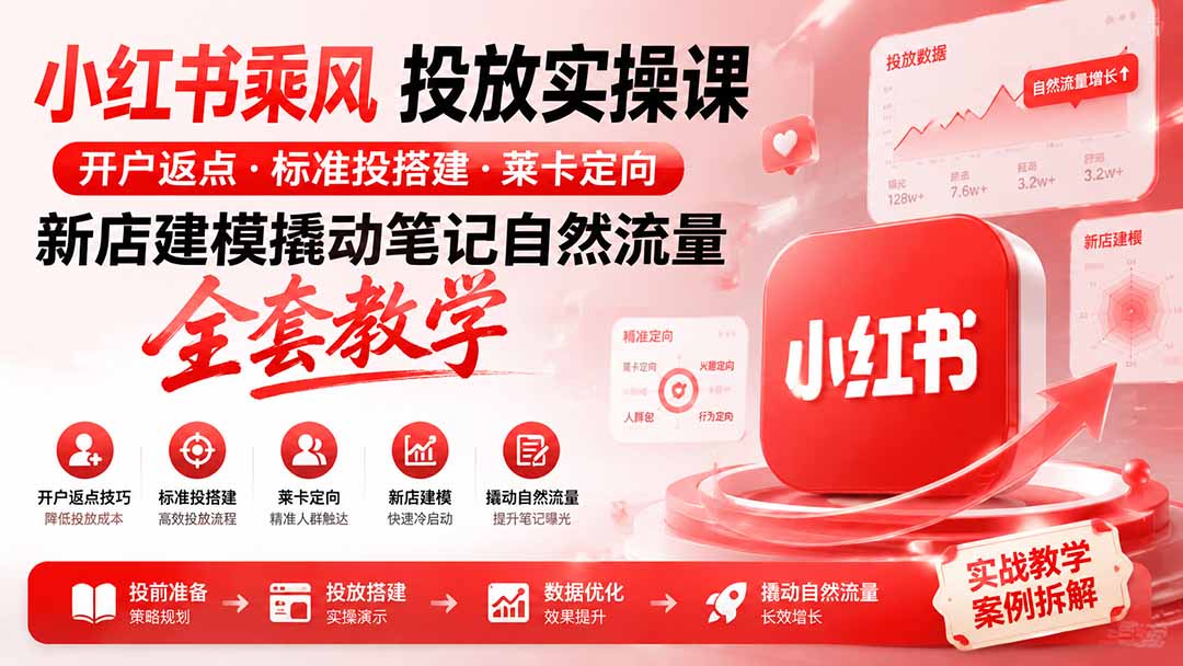 小红书乘风投放-100分钟实操课｜开户返点·标准投搭建·莱卡定向，新店建模撬动笔记自然流量全套教学-吾爱云课堂