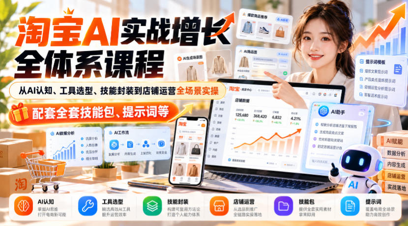 淘宝AI实战增长全体系课程，从AI认知、工具选型、技能封装到店铺运营全场景实操，配套全套技能包、提示词等-吾爱云课堂