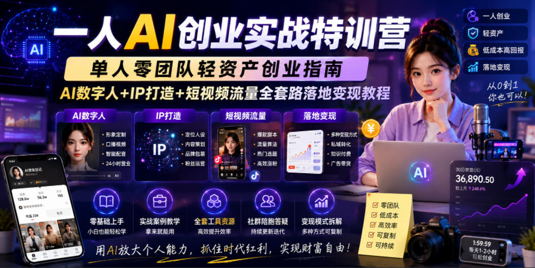 一人AI创业实战特训营，单人零团队轻资产创业指南，AI数字人+IP打造+短视频流量全套路落地变现教程-吾爱云课堂