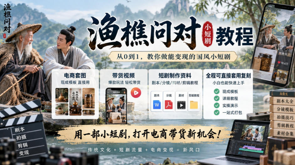 渔樵问对小短剧教程，包含电商套图、带货视频，短剧制作资料，全程可直接套用复刻-吾爱云课堂