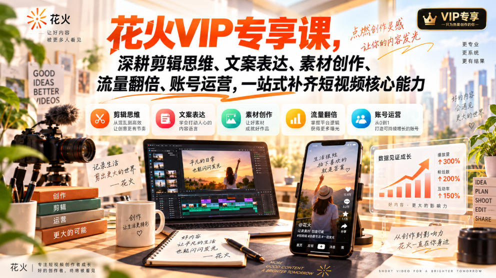 花火VIP专享课，深耕剪辑思维、文案表达、素材创作、流量翻倍、账号运营，一站式补齐短视频核心能力-吾爱云课堂