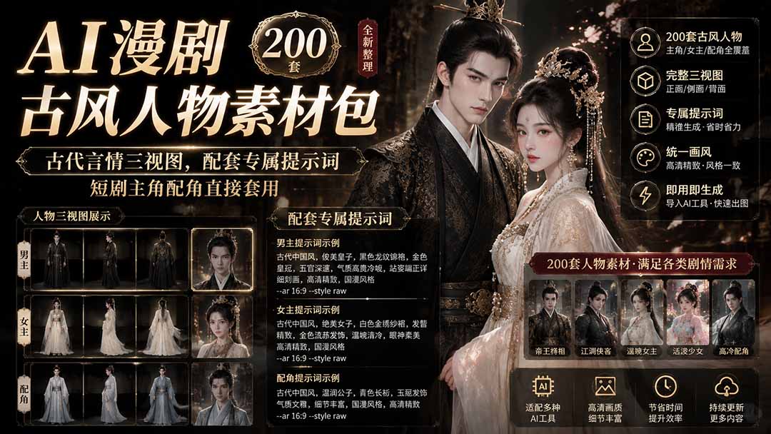 AI漫剧古风人物素材包+提示词｜200 套古代言情三视图，配套专属提示词短剧主角配角直接套用-吾爱云课堂