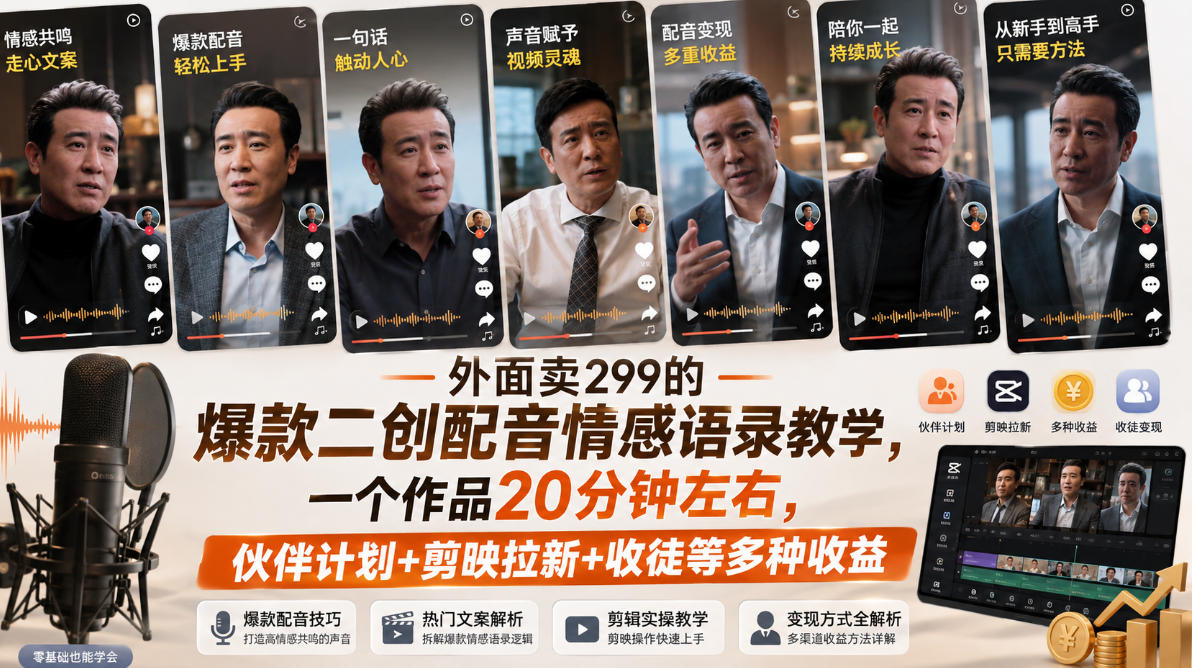 外面卖299的爆款二创配音情感语录教学，一个作品20分钟左右，伙伴计划+剪映拉新+收徒等多种收益-吾爱云课堂