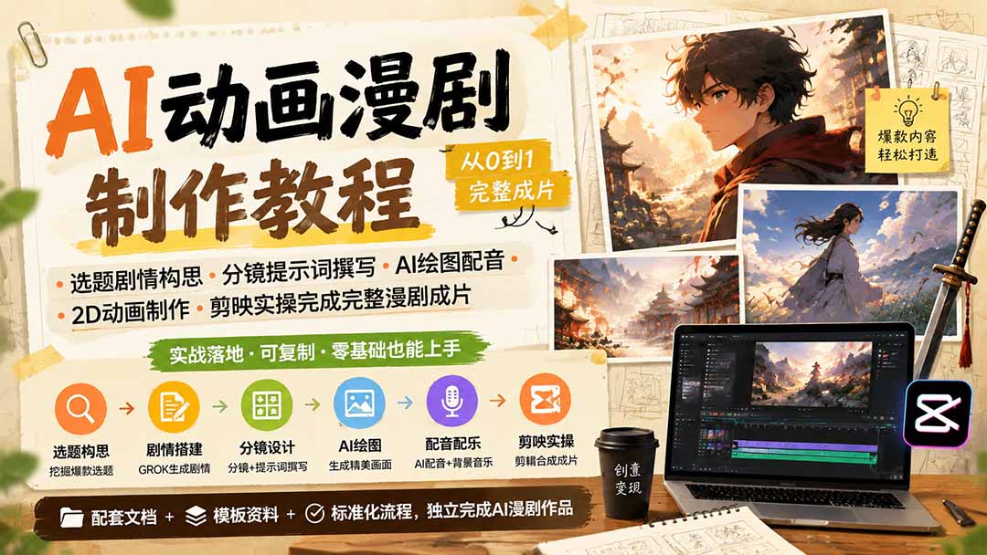AI动画漫剧制作教程｜选题剧情构思·分镜提示词撰写·AI绘图配音·2D动画制作·剪映实操完成完整漫剧成片-吾爱云课堂