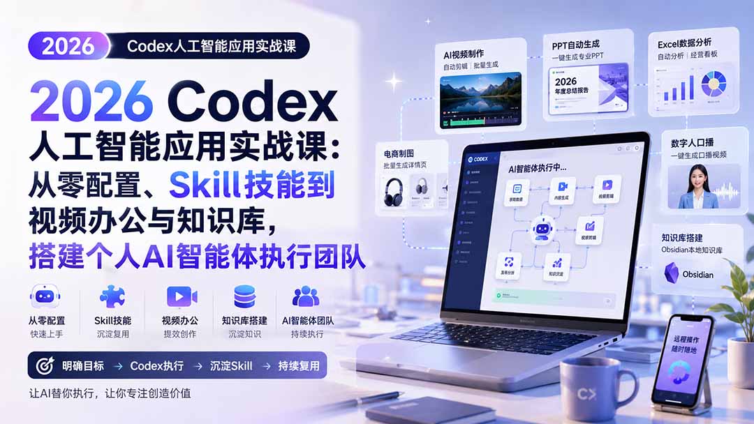 2026 Codex人工智能应用实战课：从零配置、Skill技能到视频办公与知识库，搭建个人AI智能体执行团队-吾爱云课堂