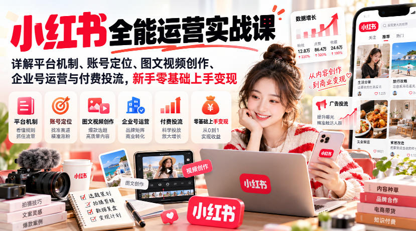 小红书全能运营实战课，详解平台机制、账号定位、图文视频创作、企业号运营与付费投流，新手零基础上手变现-吾爱云课堂