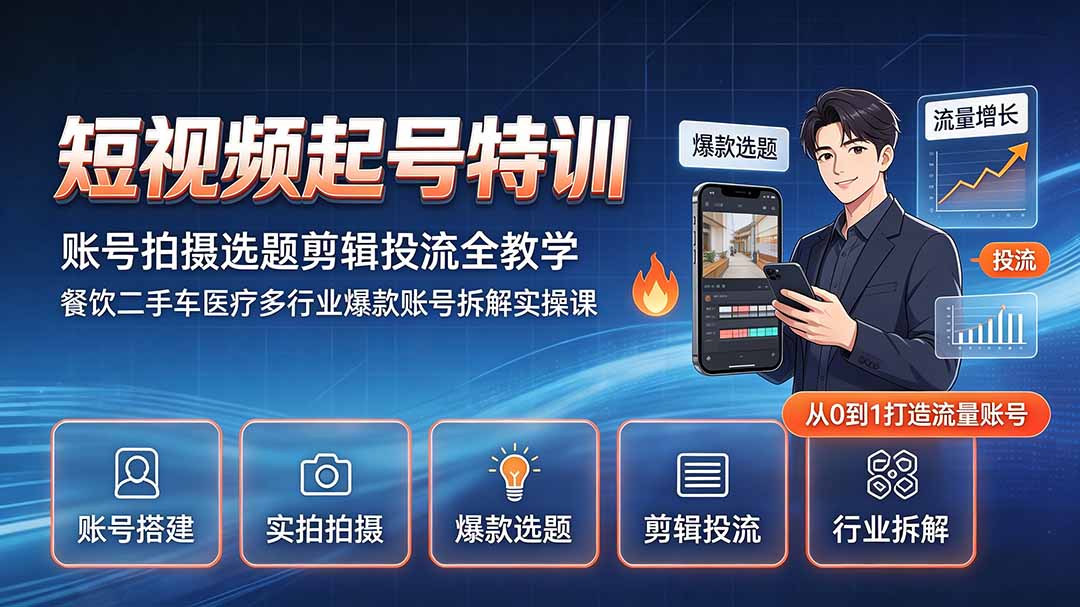 短视频起号特训｜账号拍摄选题剪辑投流全教学，餐饮二手车医疗多行业爆款账号拆解实操课-吾爱云课堂