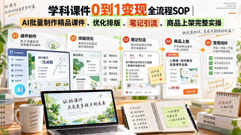 学科课件0到1变现全流程SOP｜AI批量制作精品课件、优化排版、笔记引流、商品上架完整实操​-吾爱云课堂