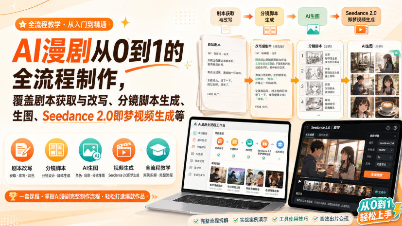 AI漫剧从0到1的全流程制作，覆盖剧本获取与改写、分镜脚本生成、角色场景生图与三视图、Seedance 2.0即梦视频生成(PDF版)-吾爱云课堂