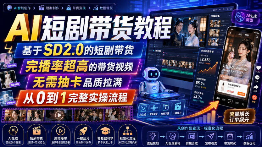 AI短剧带货教程，基于SD2.0的短剧带货，完播率超高的带货视频，无需抽卡品质拉满，从0到1完整实操流程-吾爱云课堂