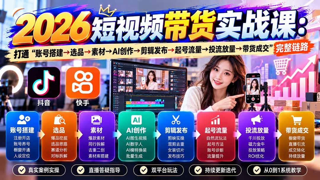2026短视频带货实战课9月：打通“账号搭建→选品→素材→AI创作→剪辑发布→起号流量→投流放量→带货成交”完整链路-吾爱云课堂