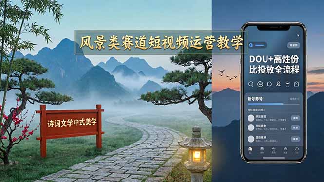 风景类赛道短视频运营教学：诗词文学中式美学，新号养号对标账号定位，DOU+高性价比投放全流程-吾爱云课堂