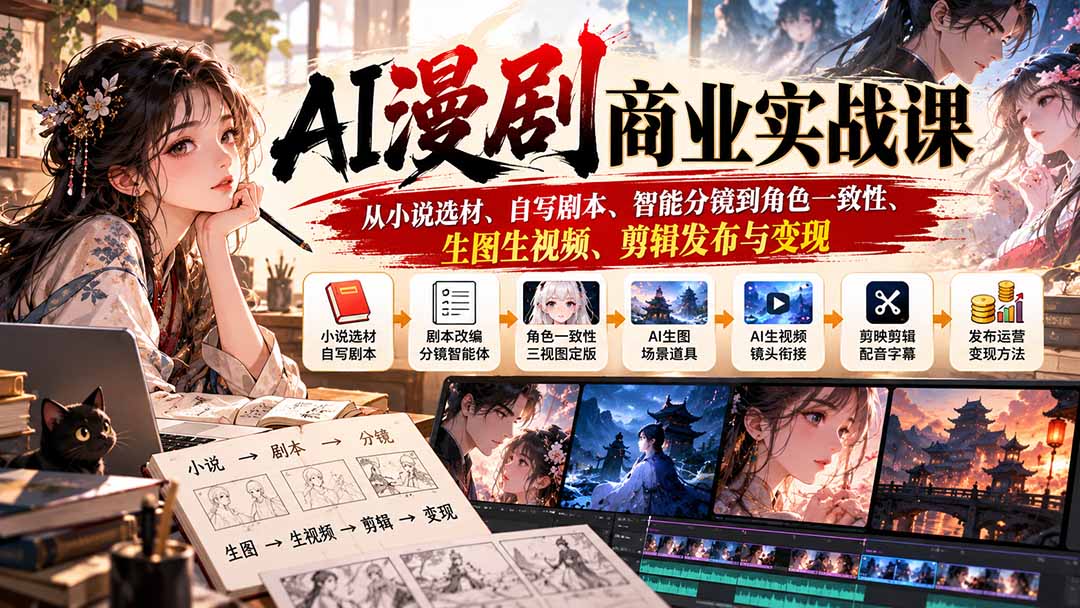 AI漫剧商业实战课：从小说选材、自写剧本、智能分镜到角色一致性、生图生视频、剪辑发布与变现-吾爱云课堂