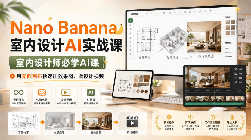 Nano Banana室内设计AI实战课，室内设计师必学AI课，用无限画布快速出效果图、做设计视频-吾爱云课堂