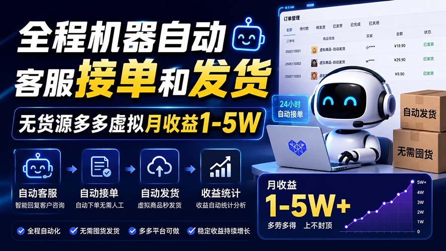 全程机器自动客服接单和发货，无货源多多虚拟月收益1-5W-吾爱云课堂